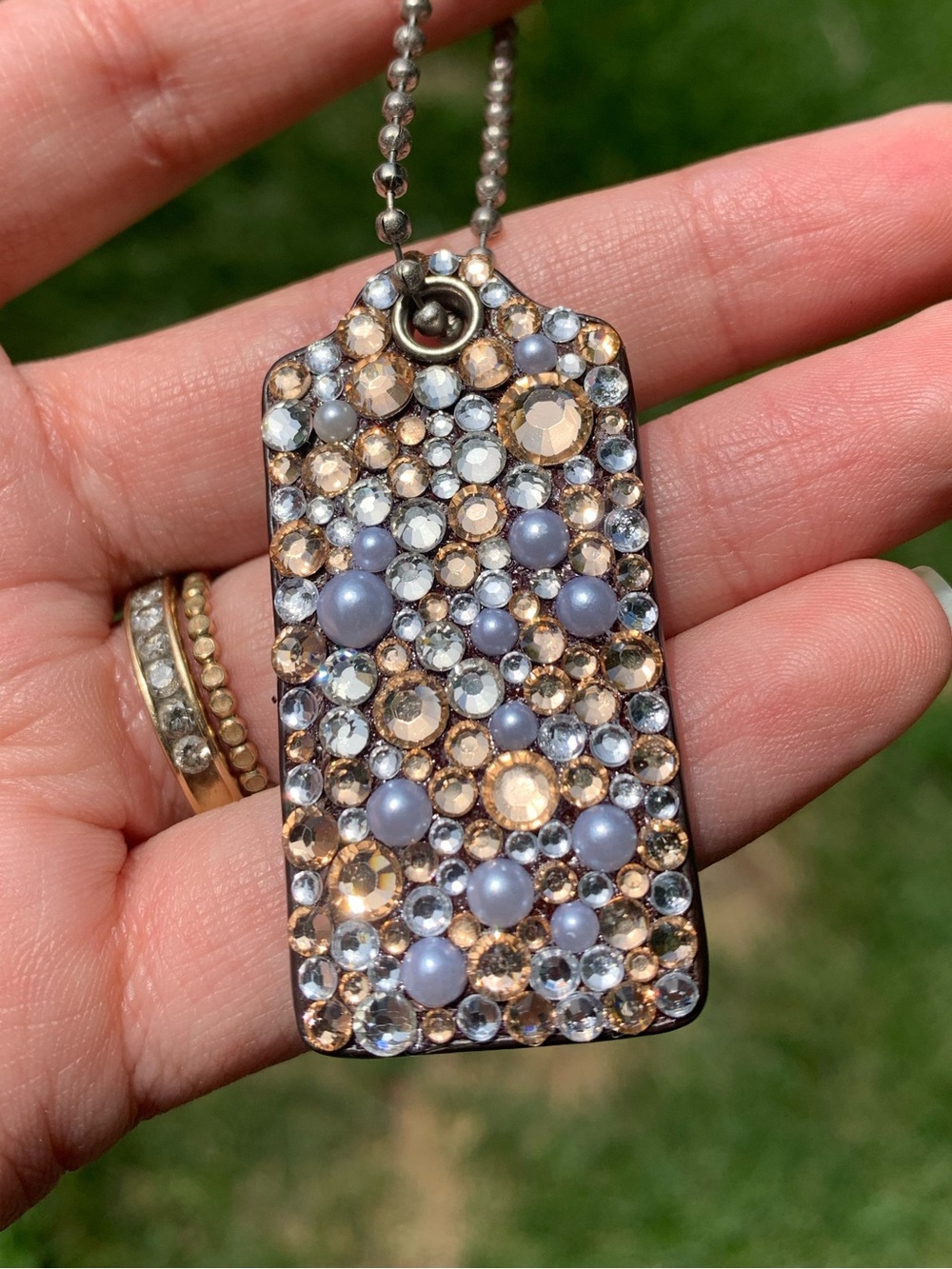 Coach Brown Leather Hangtag with Champagne & Pearl Rhinestones